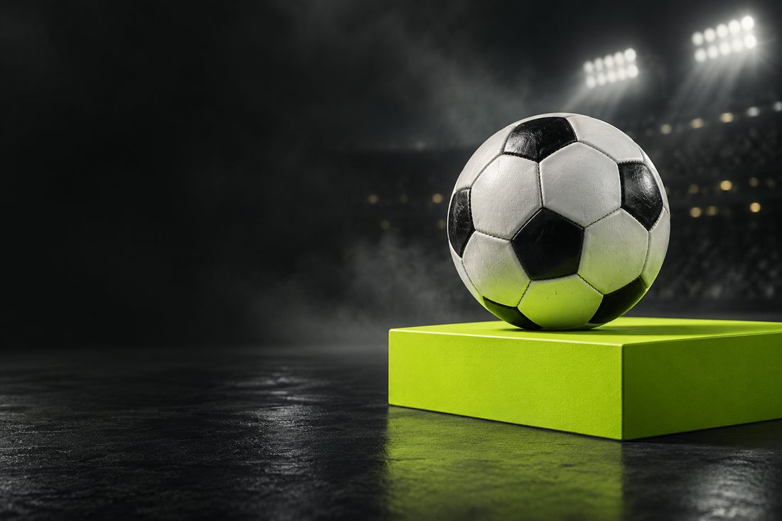 Fotboll på ett limegrönt podium framför en upplyst arena.